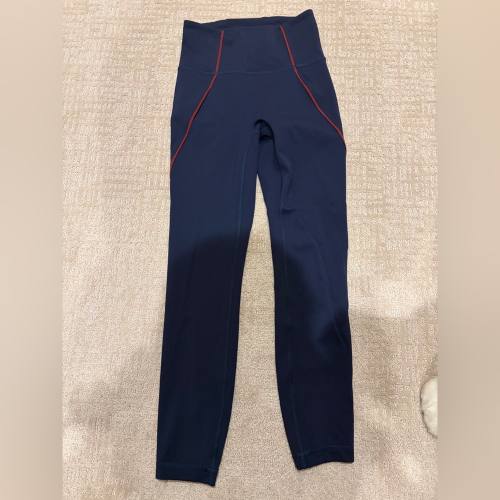 Lululemon Wunder Train No Line HW Navy Leggings w/Burgundy Piping, Sz 4